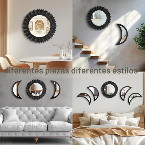 Miniatura 6 de WAKOSAN Espejo de Pared, Juego de Espejos de Fases Lunares, Decoración de Pared para Dormitorio, Bohemio 5 Piezas de Madera y Vidrio Real