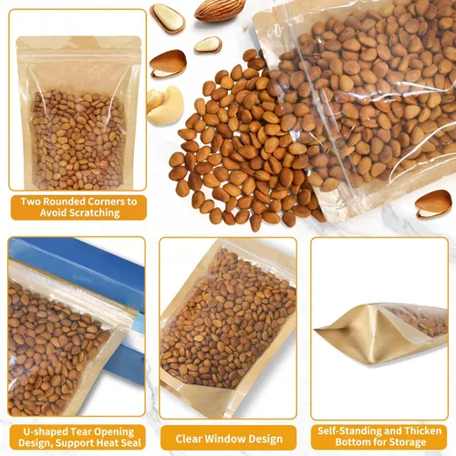 Miniatura 2 de 100 PCS bolsas resellables, bolsas de papel kraft de pie con ventana frontal transparente, bolsas de almacenamiento de alimentos con cierre