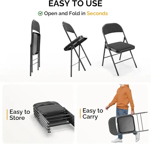 Miniatura 6 de Bonnlo Silla plegable, sillas plegables acolchadas de tela con cojín, respaldo y marco de acero para interiores y exteriores, comedor, oficina, Negro
