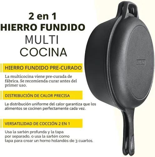 Miniatura 3 de EDGING CASTING Olla de hierro fundido pre-curada de 2 en 1 con tapa de sartén, juego de olla holandesa de 10" y olla de 3 cuartos de galón