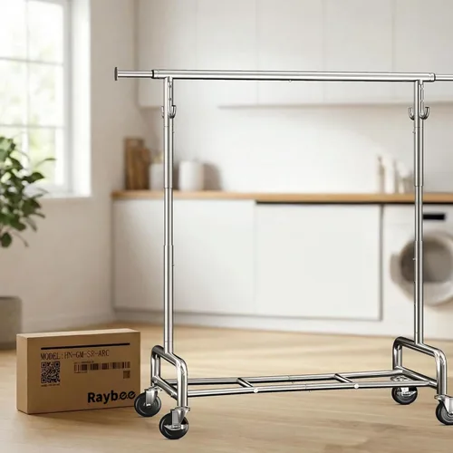 Miniatura 5 de Raybee Perchero resistente de 75 pulgadas extra ancho, 450 libras con 4 ganchos, ruedas bloqueables, perchero de metal para dormitorio, lavandería