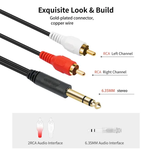 Miniatura 7 de Conector estéreo TRS macho chapado en oro de 0.250 in 1/4 pulgadas a 2 RCA Phono macho Audio Y Splitter Cable, conector de cable (4.9 ft)