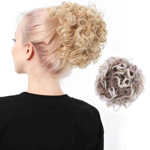 Miniatura 18 de Moño de cabello rizado desordenado, pieza de cabello sintético resistente al calor, extensiones de moño de cabello despeinado con cordón Updos Negro