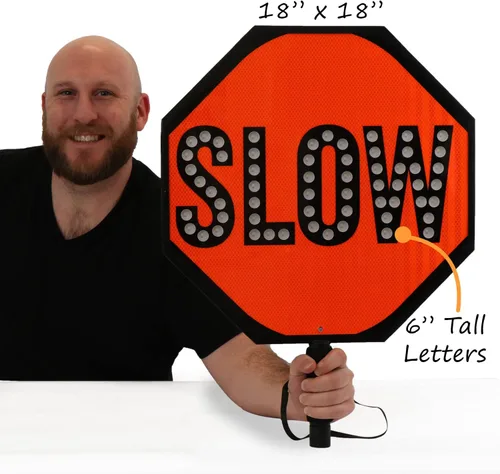 Miniatura 5 de SmartSign Paleta LED STOP SLOW – Señal de parada lenta reflectante de mano con asa, 18 pulgadas de doble cara, modos de luz LED