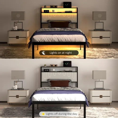 Miniatura 7 de J.Fkne Marcos de cama individual con luces LED y estación de carga, marco de plataforma de metal con cabecera tapizada, no necesita somier, sin