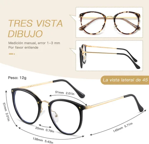 Miniatura 2 de (3 unidades) gafas de bloqueo de luz azul para mujer y hombre gafas de ordenador marco de metal (negro, leopardo, rosa)