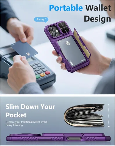 Miniatura 6 de ATATOO Funda para iPhone 17, tarjetero integrado (almacena 3-5 tarjetas) y funda para cámara deslizante y bloqueo RFID, protección de grado militar