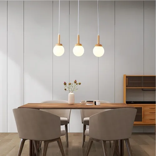 Miniatura 3 de Vintage Farmhouse Wood Pendant Lights, Modern 3 Head Ceiling Hanging Lighting, Milky White Globe Glass Shade Chandelier for Kitchen Island Dining