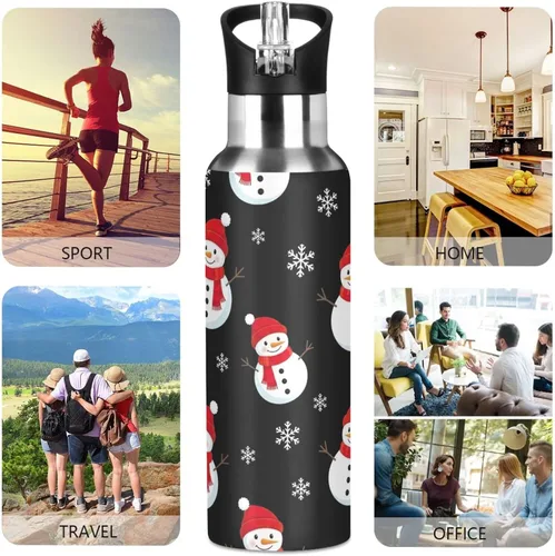 Miniatura 5 de Cute Snowmen Black Stainless Steel Vacuum Insulated Water Bottle 20 Oz Leakproof Water Bottles, BPA-Free Sports Water Bottle with Straw