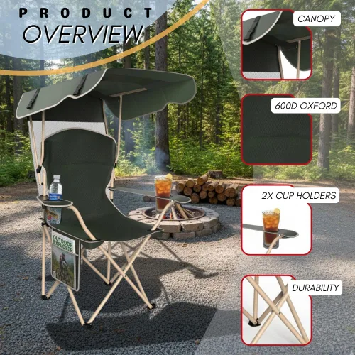 Miniatura 7 de Sillas de camping plegables portátiles con toldo y toldo para adultos, tela Oxford 600D duradera resistente a la intemperie, silla de camping