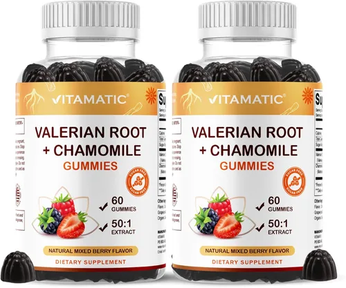 Vitamatic Gomitas de raíz de valeriana y manzanilla, extracto botánico a base de plantas, sabor mixto de bayas, veganas, sin OMG, sin gluten,