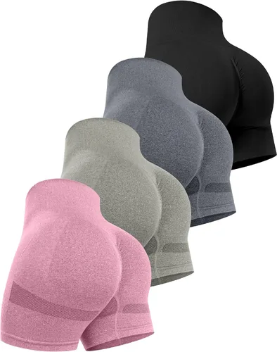 Miniatura 16 de CHRLEISURE Pantalones Cortos de Entrenamiento para Mujer, 4 Paquetes, Cintura Alta, Levantamiento de Glúteos con Fruncido, Pantalones Cortos Booty