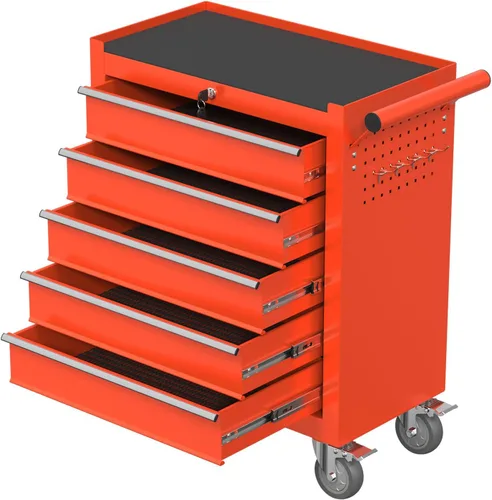 Miniatura 8 de Caja de herramientas con ruedas de 5 cajones, armario de almacenamiento de herramientas de metal con cerradura y llaves y giratorio, caja de Naranja