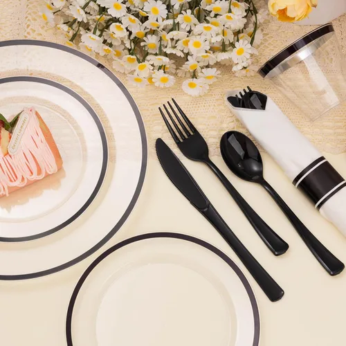 Miniatura 5 de BESTSTAR Juego de 175 platos desechables transparentes y negros para 25 invitados, 50 platos de plástico, 25 vasos, 25 servilletas preenrolladas