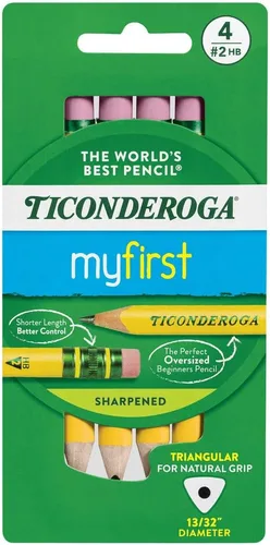 Ticonderoga Mis primeros lápices cortos triangulares con estuche de madera, #2 HB suave, con borradores, amarillos, 4 unidades