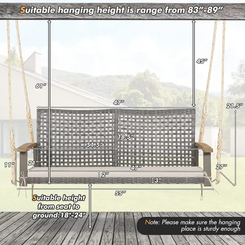 Miniatura 8 de Happygrill Silla de columpio para patio para 2 personas, banco oscilante de ratán al aire libre con reposabrazos de madera de acacia y dos cuerdas