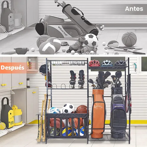 Miniatura 7 de WALMANN Organizador de equipo deportivo de garaje, soporte para bolsa de golf para almacenamiento de pelotas de garaje, estante de almacenamiento