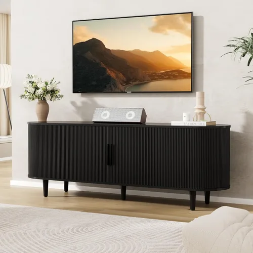 VOWNER Soporte de TV acanalado de 63 pulgadas, moderno centro de entretenimiento para televisores de hasta 65 pulgadas con estantes ajustables y