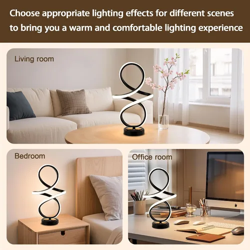 Miniatura 4 de Mayful Moderna lámpara de mesa en espiral, pequeña lámpara de mesita de noche negra con puertos USB C y A, control táctil regulable con 3