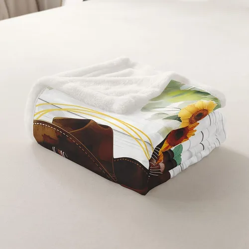 Miniatura 5 de Manfei Manta con sombrero de botas de vaquero, manta de cama de girasol amarillo para decoración de habitación de niños y niñas, manta de tablones