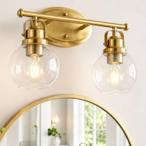 AD-2147-2W-BG - Lámpara de baño dorada de 14 pulgadas con pantallas de vidrio transparente de globo transparente, accesorios de iluminación vintage