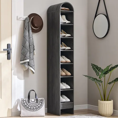 Miniatura 15 de IFGET Armario de almacenamiento de zapatos arqueado de 67 pulgadas de alto, 8 niveles y 8 pares de zapateros de madera con 3 estantes ajustables