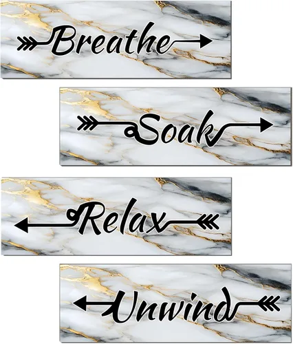 Miniatura 16 de Lnond 4 piezas de arte de pared de mármol negro y dorado para baño, decoración de letreros de relajación y respiración, arte de pared de baño