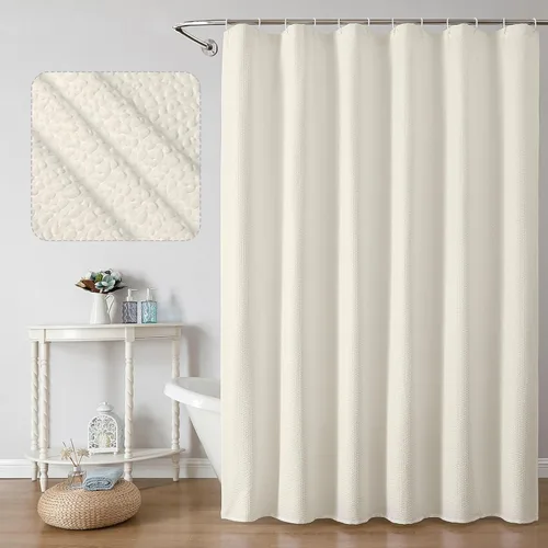 Miniatura 17 de OWENIE Cortina de ducha blanca para baño, 96 pulgadas, extra larga, elegante cortina de ducha de tela texturizada en relieve 3D, repelente al agua