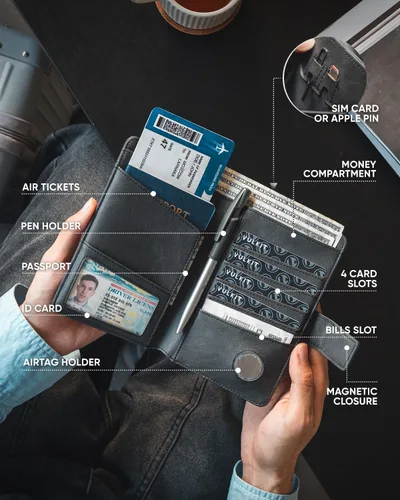Miniatura 6 de VULKIT Cartera de pasaporte compatible con Airtag Holder Bifold Travel Card Holder, Negro
