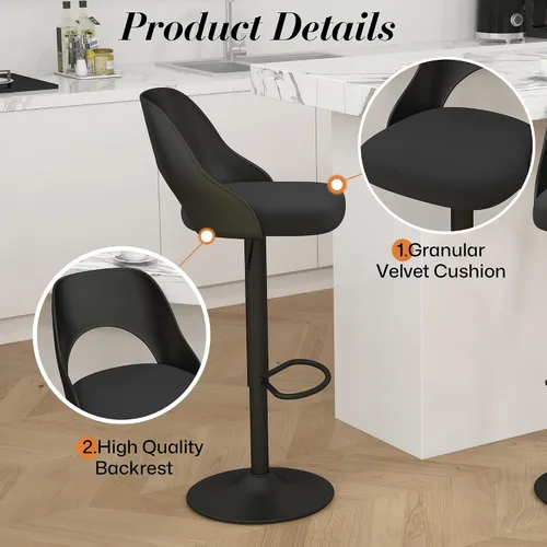 Miniatura 5 de HENGJIANYI Taburete de bar giratorio ajustable en altura con respaldo hueco, silla tapizada con base de metal negro, asiento negro