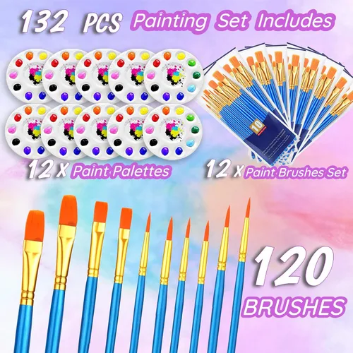 Miniatura 2 de 132 piezas de pinceles y paletas de valor, 12 paquetes de 120 pinceles de pintura al por mayor, 12 bandejas de pintura, pinceles de acrílico