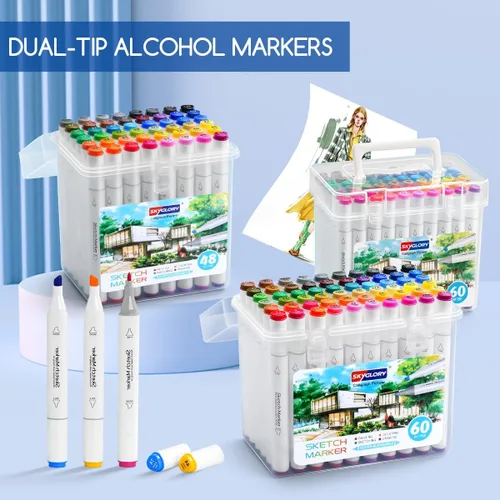 Miniatura 6 de Juego de marcadores de alcohol, juego de marcadores de bocetos de doble punta fina y cincel con estuche de transporte para dibujar, bocetos, anime