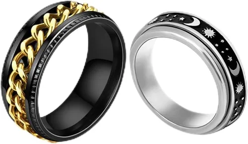 Miniatura 9 de Juego de anillos de acero inoxidable para mujeres y hombres, anillos de ansiedad, luna y estrella, anillo para aliviar la ansiedad y el estrés
