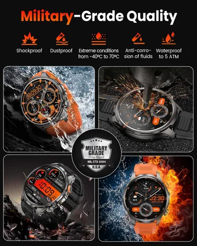 Miniatura 4 de Relojes inteligentes para hombres (batería de 100 días/linterna), reloj inteligente militar impermeable de 5 ATM con frecuencia cardíaca, sueño