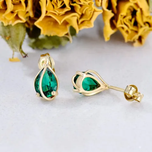 Miniatura 3 de MUUYON Aretes de esmeralda de oro sólido de 14 quilates con parte trasera forma de pera de oro real aretes de esmeralda creados de 0197 x 0276in