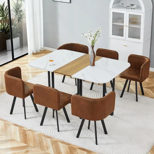 Miniatura 7 de Juego de mesa de comedor para 6, mesa de cocina de mármol y madera sintética de 60 pulgadas con 6 sillas de piel sintética, moderno juego de mesa
