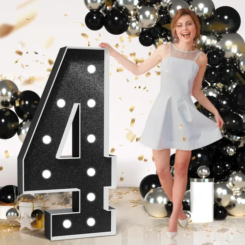 Números de marquesina decoraciones de cumpleaños negros: grandes 4 pies de alto números iluminados 4 ° 40 decoración de fiesta grande mosaico cartón