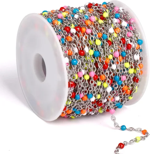 Miniatura 29 de Cadenas de esmalte dorado de 33 pies a granel, 2 mm, chapadas en oro de 18 quilates con PVD, acero inoxidable 304, cadena de eslabones con cuentas