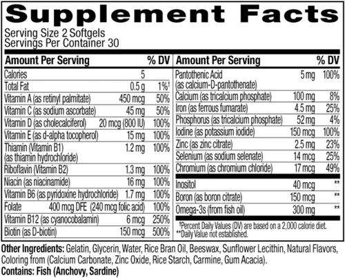 Miniatura 9 de OLLY Ultra Cápsulas Blandas Multivitamínicas para Mujeres, Salud General y Apoyo Inmunológico, Omega-3, Hierro, Vitaminas A, D, C, E, B12
