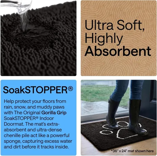 Miniatura 3 de GORILLA GRIP SOAKSTOPPER - Tapete para puerta de perro, 30 x 20 pulgadas, lavable a máquina, absorbente, captura la humedad, barro, suciedad, Negro