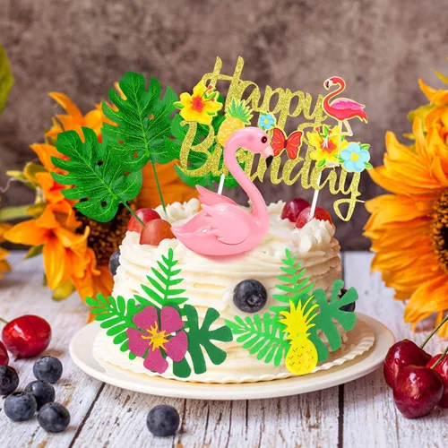 Miniatura 5 de 13 piezas de decoración de pastel de flamenco para tartas de verano con bonitas figuras de flamenco rosa y hojas de palmera de flores de hibisco