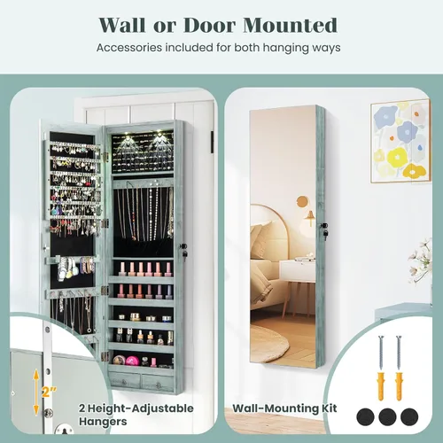 Miniatura 32 de Giantex Armario de joyería para puerta de pared con espejo de longitud completa, 2 LED con cerradura grande organizador de joyas con espejo ancho