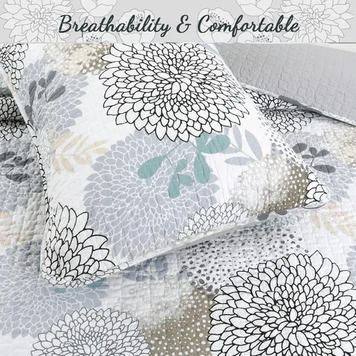 Miniatura 4 de Cozy Line Home Fashions Nina Trista Flowers - Juego de ropa de cama reversible 100% algodón con cinta azul aguamarina, estampado floral gris, colcha