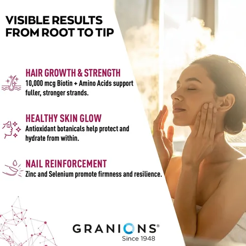 Miniatura 5 de Granions Biotin 10,000 mcg Pastillas para el cabello, la piel y las uñas, complejo de biotina extra fuerte con zinc, selenio, mijo, arándano