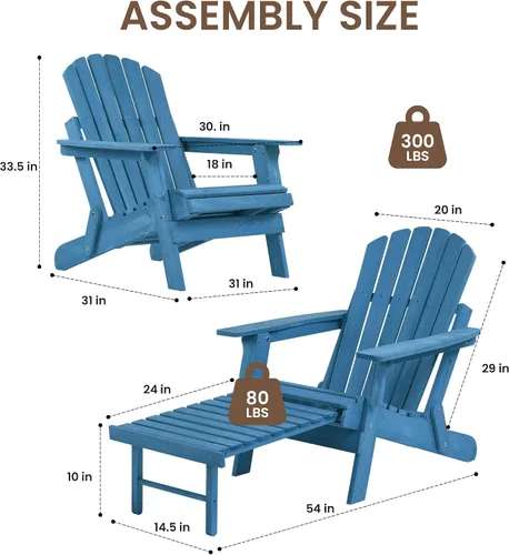 Miniatura 3 de Silla Adirondack plegable de gran tamaño con otomana retráctil, silla de madera maciza para exteriores, patio, jardín, porche, resistente a