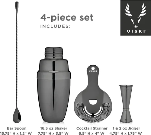 Miniatura 3 de Viski El kit de barman Gunmetal incluye coctelera, colador, jigger, cuchara de bar para cócteles clásicos, bebidas mixtas, cerveza fría
