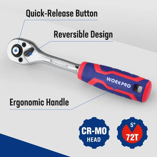 Miniatura 6 de WORKPRO Llave de trinquete de 3/8 pulgadas, trinquete reversible de 72 dientes, mango de trinquete de liberación rápida de 3/8 pulgadas, cabeza