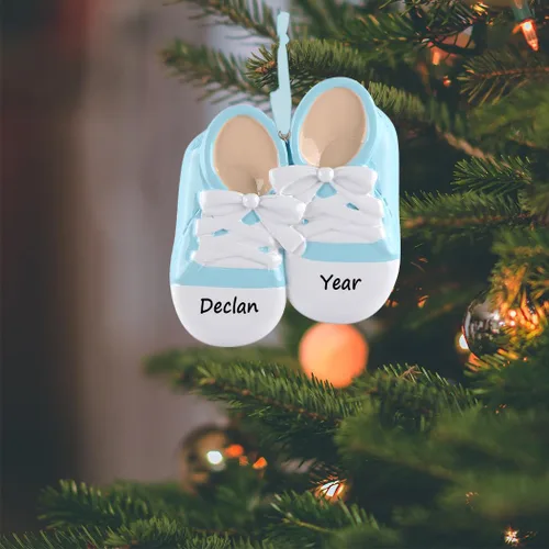 Adorno personalizado para zapatos de bebé, adorno de la primera Navidad del bebé, botines azules para nuevos padres, nacimiento, baby shower,