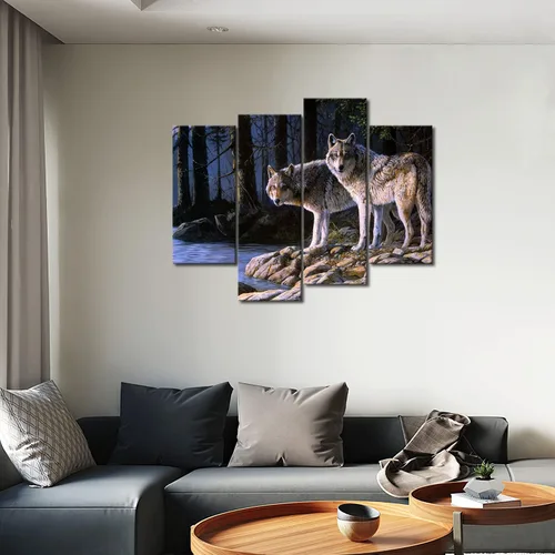 Miniatura 4 de Dos lobos en la orilla del río, bosque, arte de pared, cuadros de lobos impresos en lienzo animal la imagen para decoración moderna del hogar