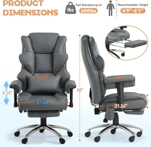 Miniatura 3 de Silla de oficina de masaje con reposapiés, silla de oficina ergonómica con calefacción ejecutiva con respaldo reclinable, brazos ajustables y Gris